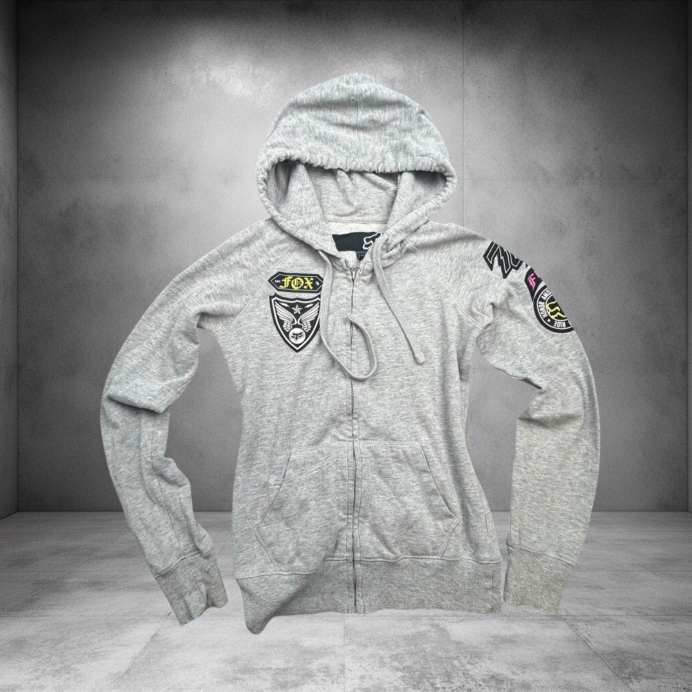 Fox Racing Y2K Vintage Moto Patch Zip Up Hoodie Heather Grey XS